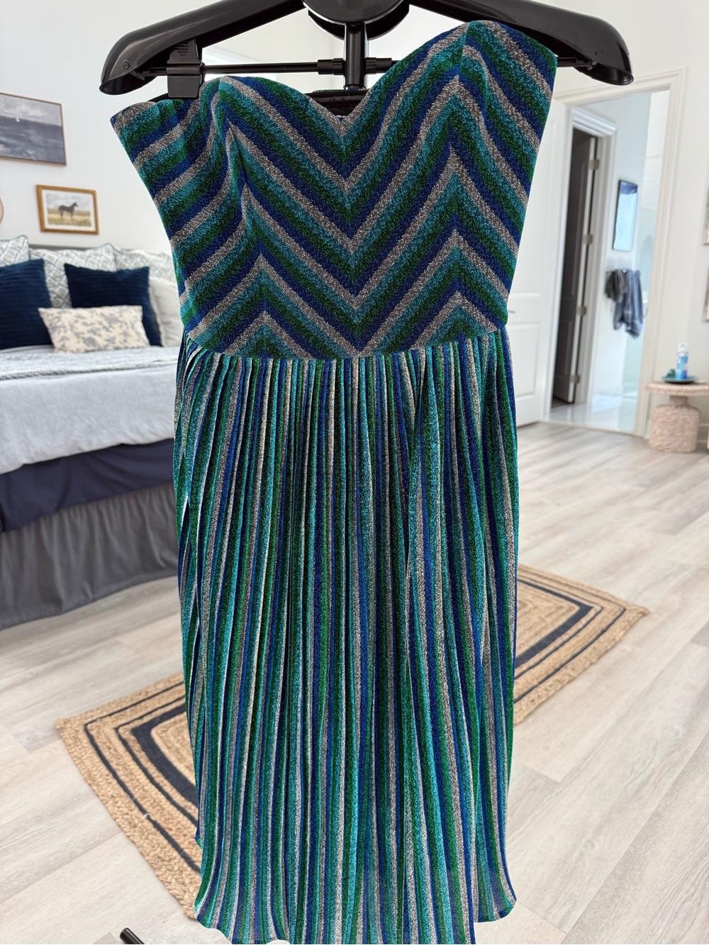 Dress the Population Metallic Chevron Strapless Dress in Green and Blue